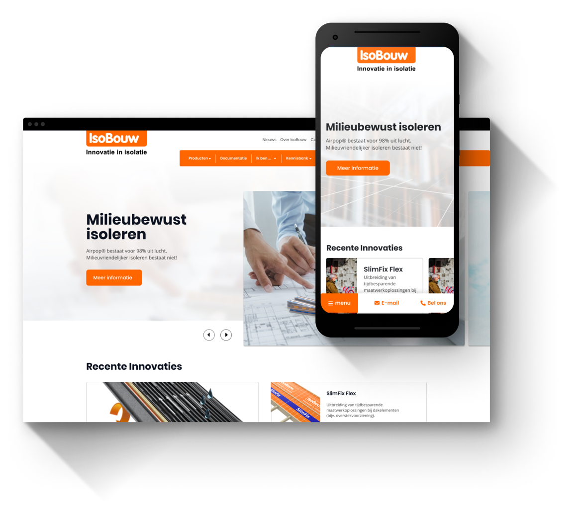 een schermafbeelding van een telefoon en van de beginpagina van de website van IsoBouw